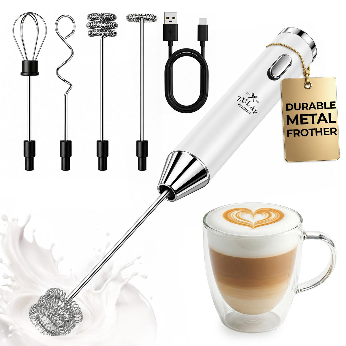 Zulay Kitchen Milk Frother Handheld Electric Whisk – Frother Wand, Durable Drink Mixer, Coffee Frother, Hand Blender, Frother for Protein Powder, Matcha & More - Black