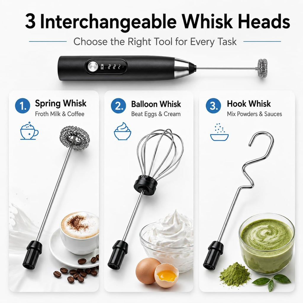 Handheld Milk Frother Wand for Coffee, Electric Whisk with 3 Heads