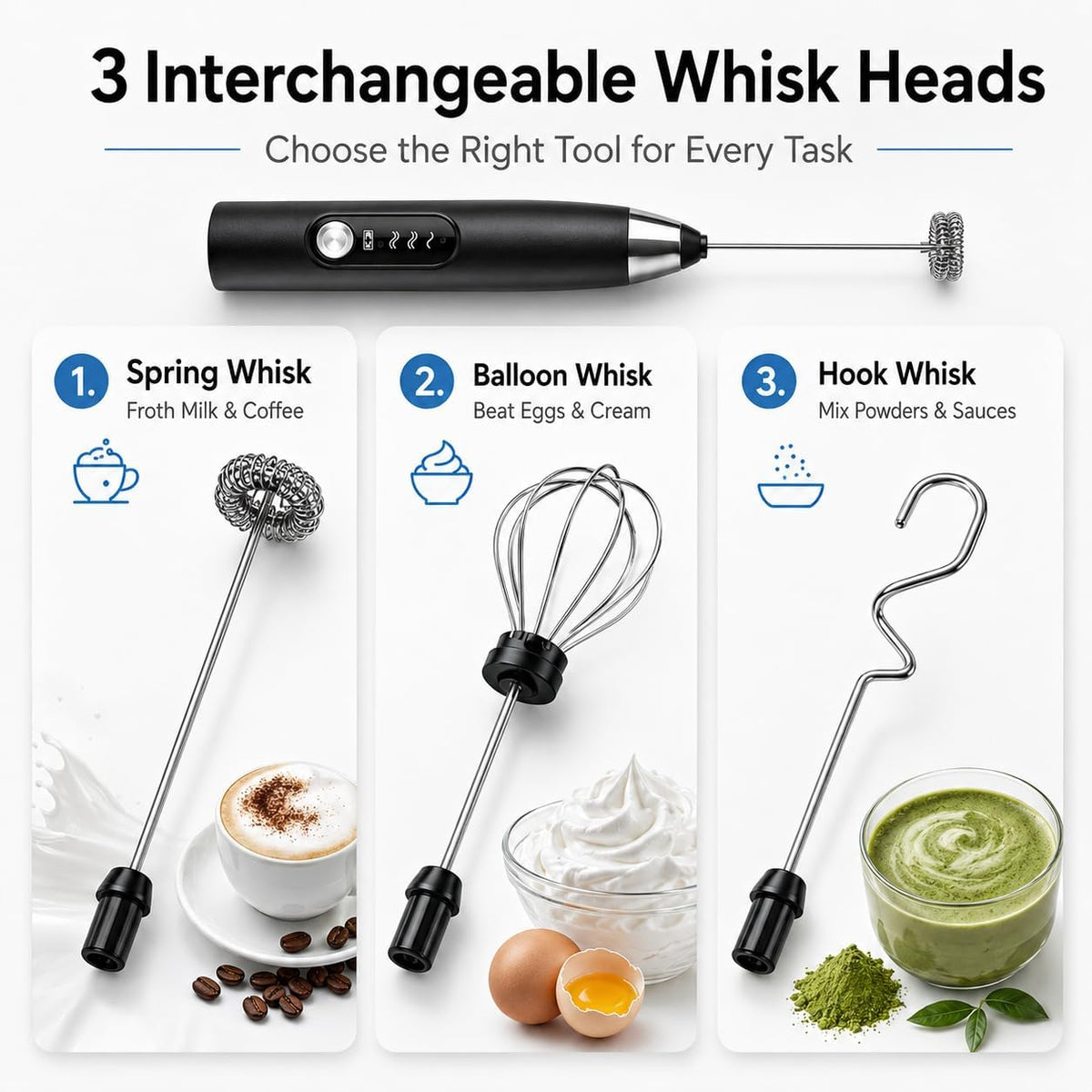 Handheld Milk Frother Wand for Coffee, Electric Whisk with 3 Heads