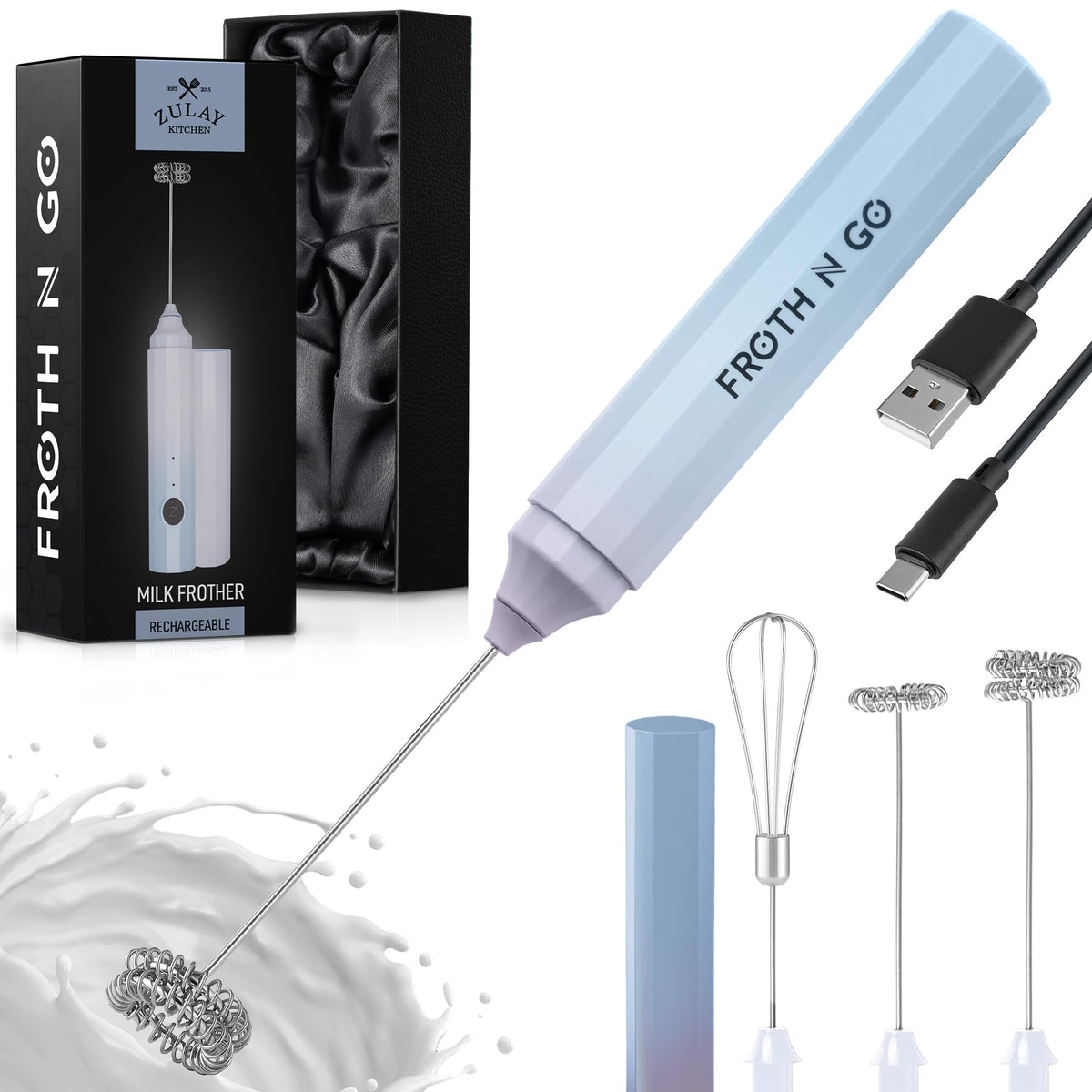Zulay Rechargeable Milk Frother – 3-in-1 Handheld Frother Wand with Travel Case & USB-C Charger – Single, Double & Egg Whisk for Latte, Cappuccino, Matcha, Protein Shakes - Froth N Go Deep Black