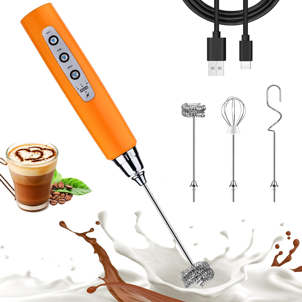 Nahida Black Milk Frother Wand for Coffee, Frother Handheld Rechargeable Electric Whisk Drink Mixer with 3 Heads 3 Speeds Coffee Frother Electric Stirrer For Latte, Cappuccino, Hot Chocolate