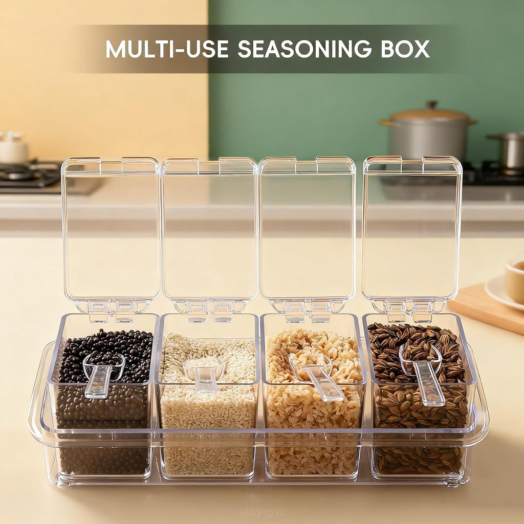 Clear Seasoning Box, 4 Pieces Seasoning Rack Spice Pots, Storage Container Condiment Jars Acrylic Seasoning Box with Covers and Spoons for Spice, Sugar, Salt, Sugar, Cardamon, Cinnamon