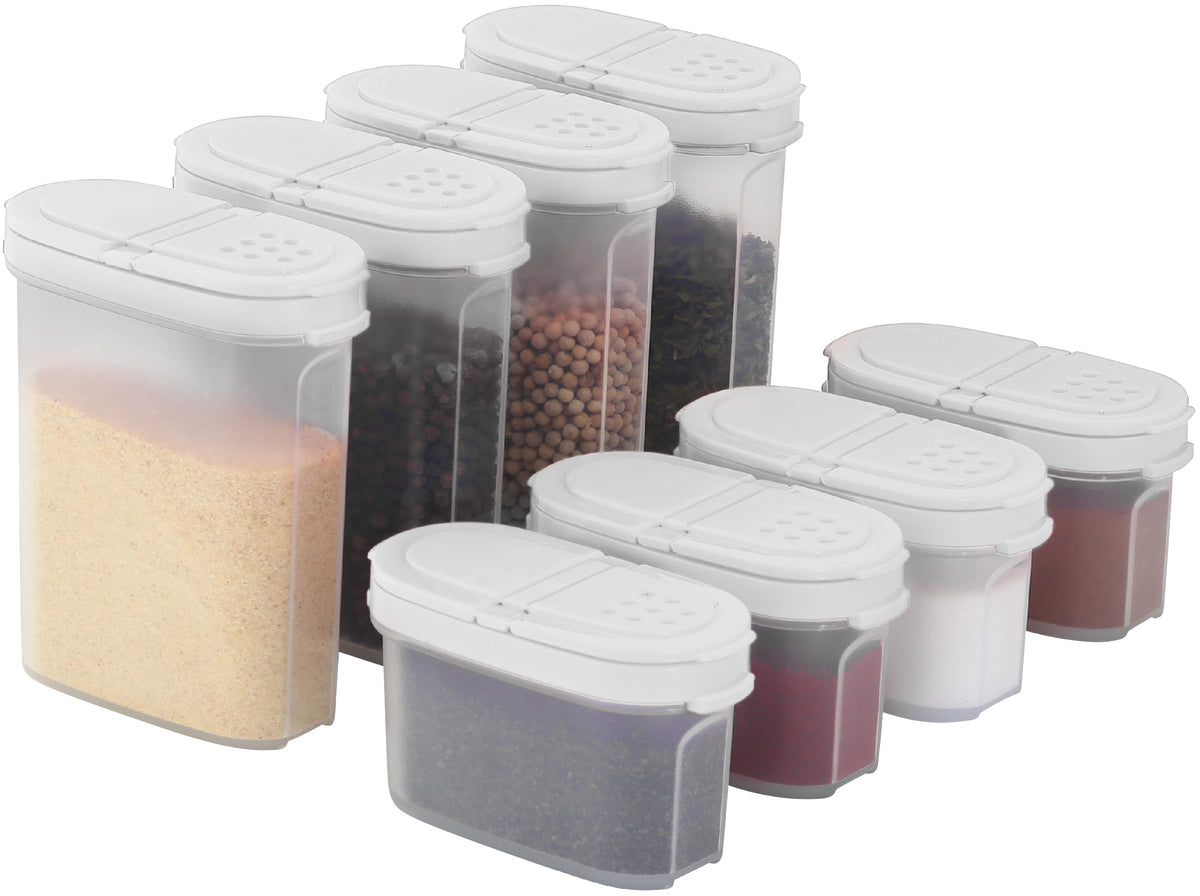 SIGNORA WARE Spice Jars with Lids - 4 oz Refillable Empty Airtight Spice/Seasoning Containers Set -2 in 1 Pour/Sift Shaker Lids Clear Plastic Spice/Seasoning Organizer Kitchen/Travel 4 pk.