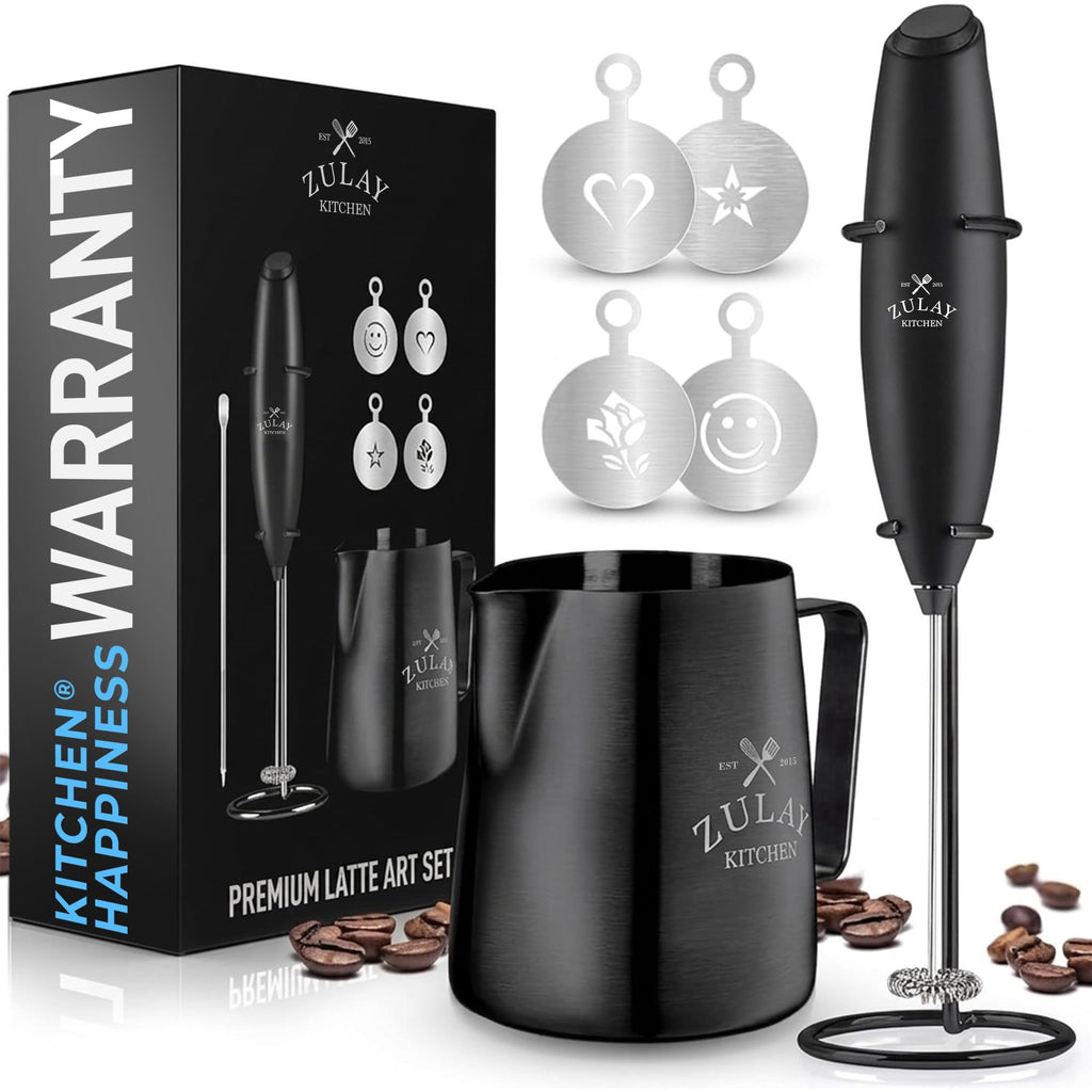 Zulay Rechargeable Milk Frother – 3-in-1 Handheld Frother Wand with Travel Case & USB-C Charger – Single, Double & Egg Whisk for Latte, Cappuccino, Matcha, Protein Shakes - Froth N Go Deep Black