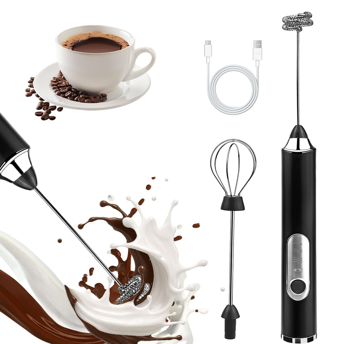 Handheld Milk Frother, Rechargeable Milk Frother, Coffee Mixer Wand, White