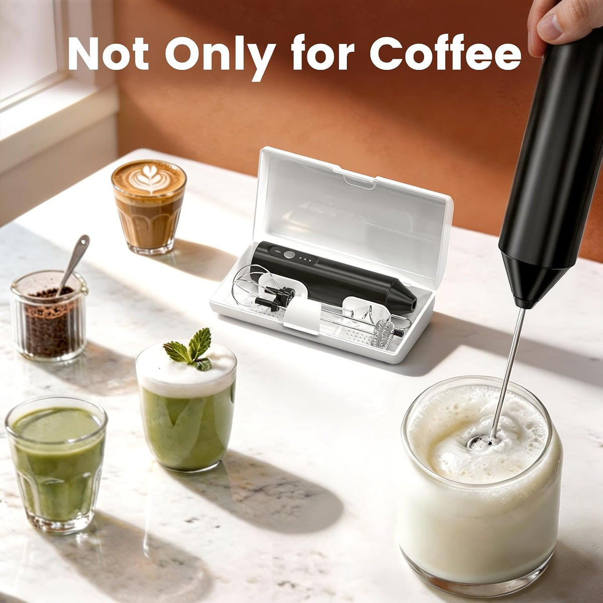 Boben Rechargeable Handheld Milk Frother 3-Speed, 3-Whisk, Storage Box