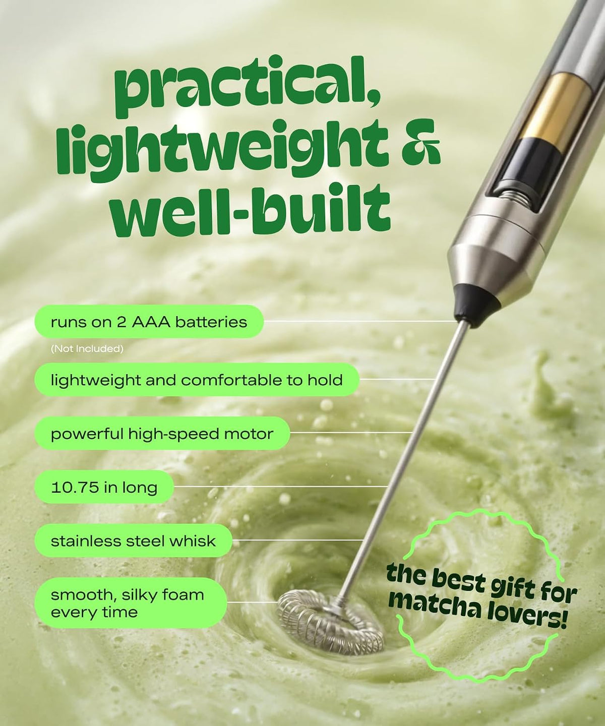Matcha DNA Handheld Milk Frother Wand, Electric Stainless Steel Whisk Mixer
