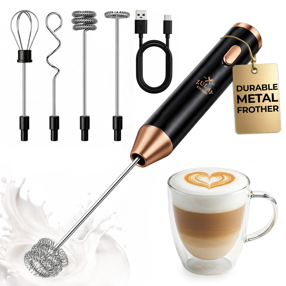 Zulay Kitchen Rechargeable Milk Frother Handheld - Frother Wand, Drink Mixer, Electric Whisk Frother, for Cappuccinos, Matcha & Protein Powder - Dynamic 3 Whisk, 3 Speed 500mAh Black