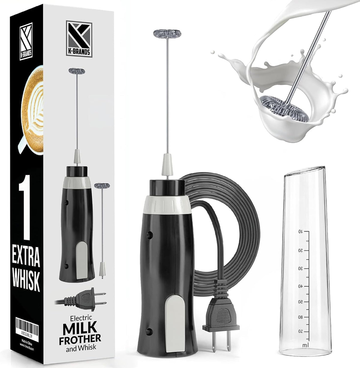 K-Brands Corded Electric Milk Frother with Plug in - Handheld Electric Whisk Stirrer Whipper - Foam Maker for Coffee, Latte, Cappuccino, Hot Chocolate – Powerful Drink Mixer