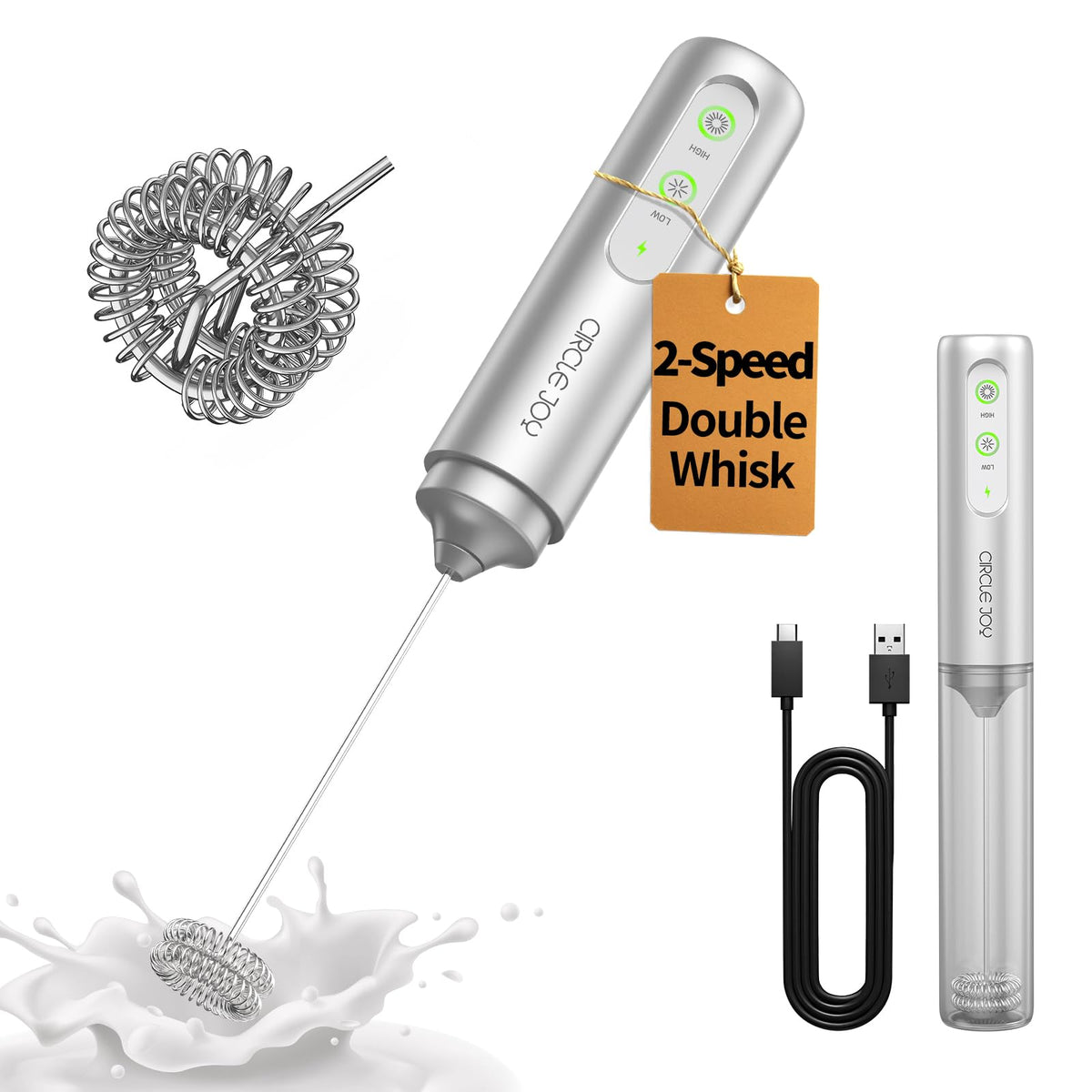CIRCLE JOY Rechargeable 2-Speed Handheld Milk Frother with Stand, Dual Spring Whisk Electric Foamer, Portable & Detachable Coffee Frother Wand, Drink Mixer for Lattes, Macchiato, Hot Chocolate, Black