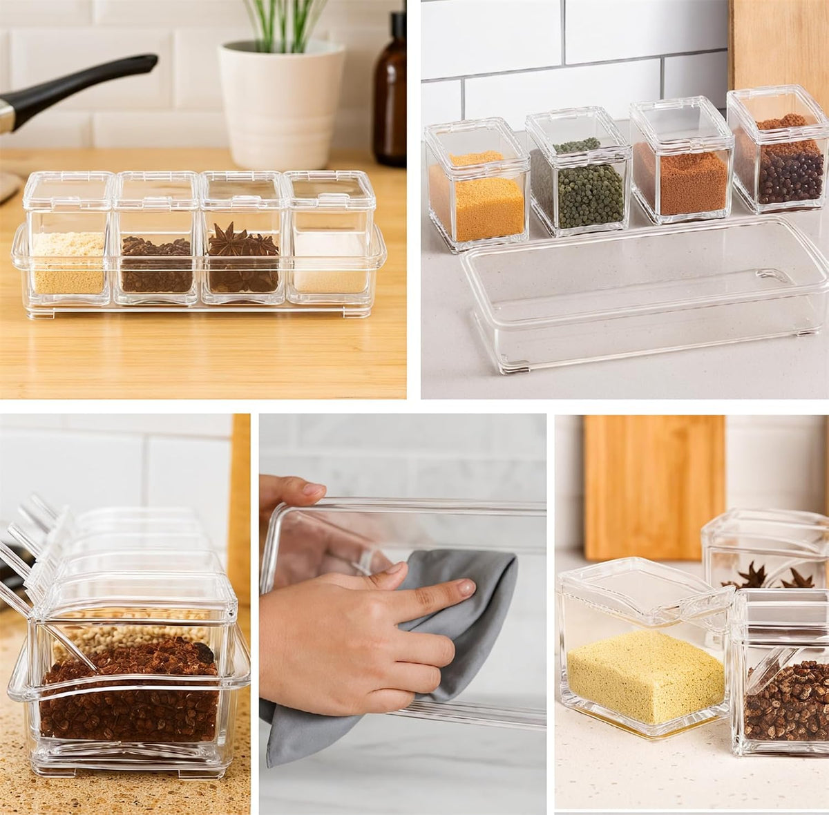 Clear Seasoning Box, 4 Pieces Seasoning Rack Spice Pots with Lids and Spoons, Toppings Containers, Acrylic Seasoning Box for Salt Spice, Pepper, Sugar, Cardamon, Cinnamon