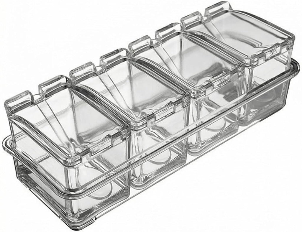 Clear Seasoning Box, 4 Pieces Acrylic Seasoning Rack Spice Jars with Spoons,Storage Container Condiment Jars - Cruet with Cover