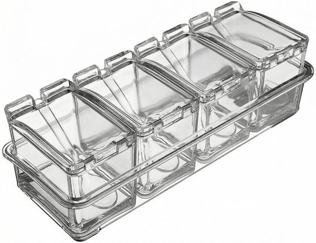 Clear Seasoning Box, 4 Pieces Acrylic Seasoning Rack Spice Jars with Spoons,Storage Container Condiment Jars - Cruet with Cover