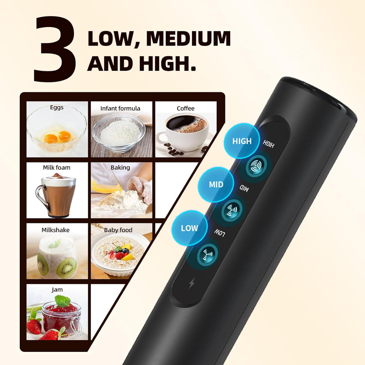 Electric Milk Frother, Handheld Rechargeable Frother with 3 Speed Settings and Storage Case (Black)