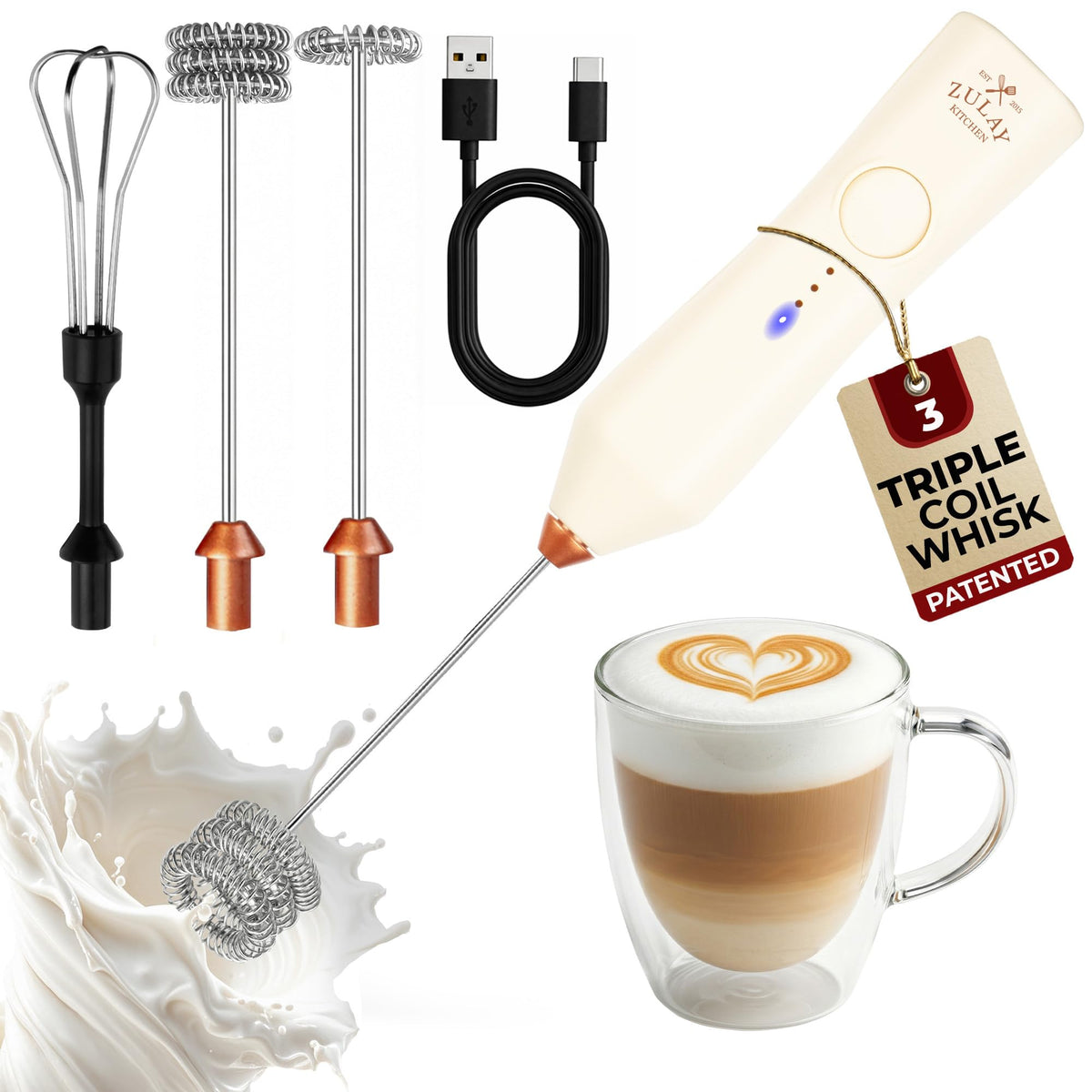 Zulay Kitchen Powerful Milk Frother Wand With Duracell Batteries - Ultra Fast Handheld Drink Mixer - Electric Whisk Foam Maker for Coffee, Lattes, Cappuccino & Matcha - Z1 Motor - Black