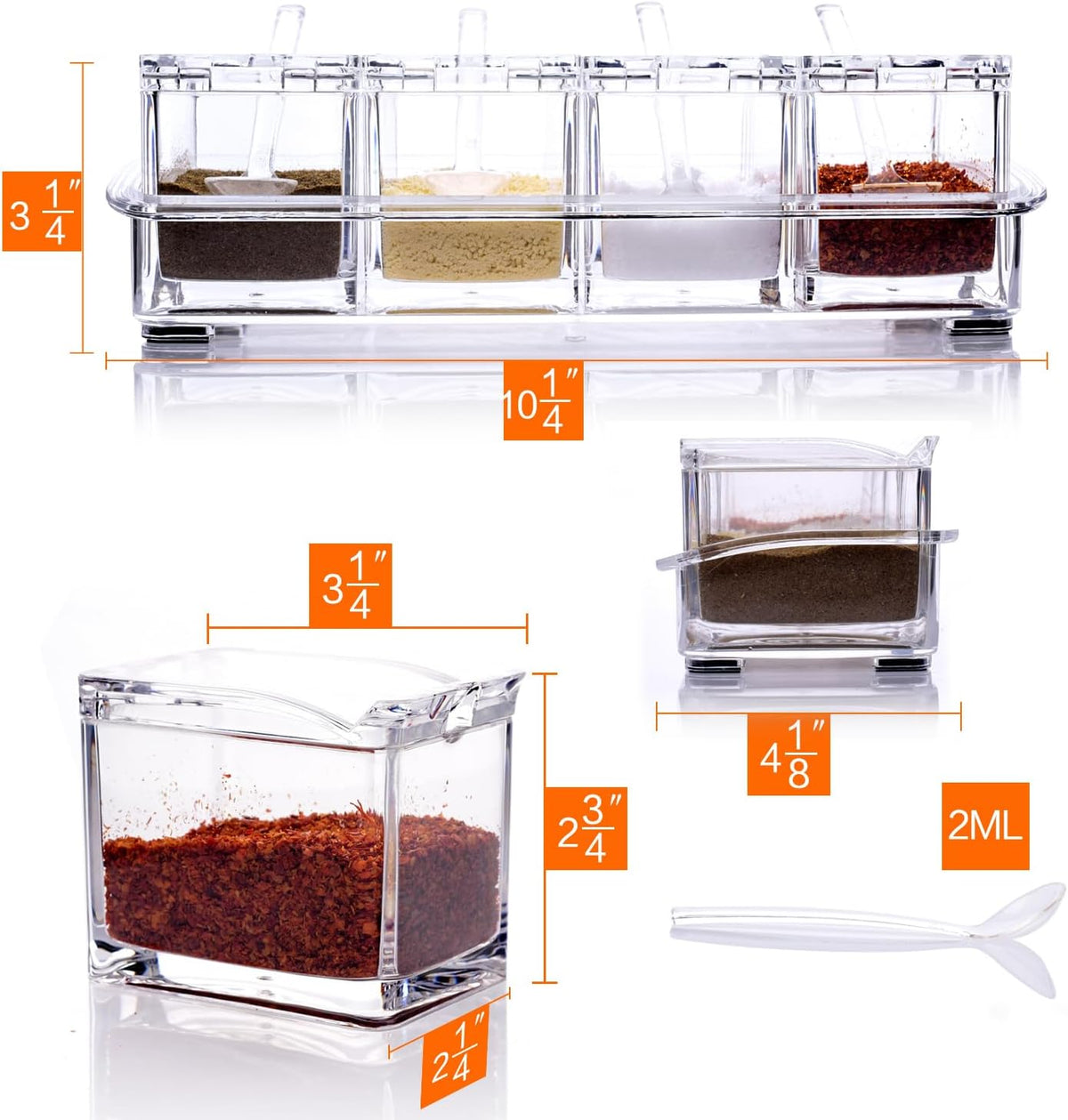 ME.FAN Clear Seasoning Rack Spice Pots - 4 Piece Acrylic Seasoning Box - Storage Container Condiment Jars - Cruet with Cover and Spoon