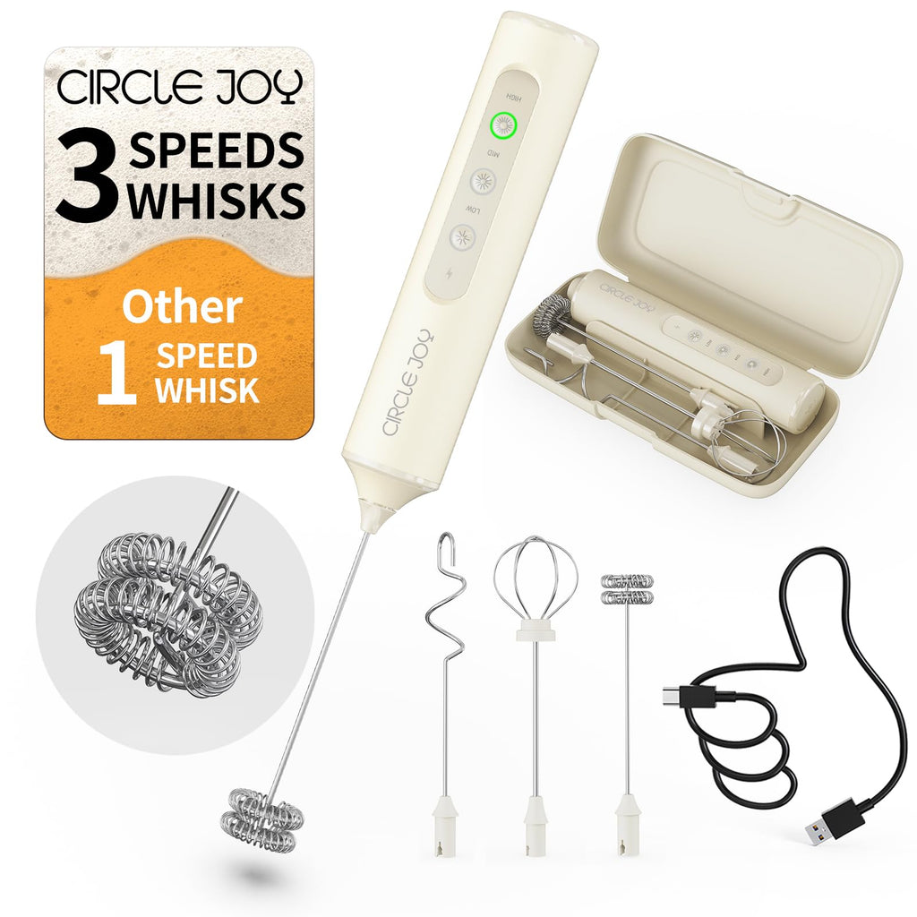 CIRCLE JOY Rechargeable Handheld Milk Frother Wand with Stand, 3 Variable Speeds, 3 Whisks and Storage Box, Electric Drink Mixer for Latte, Cappuccino, Hot Chocolate, Eggs and Protein Powder, Black