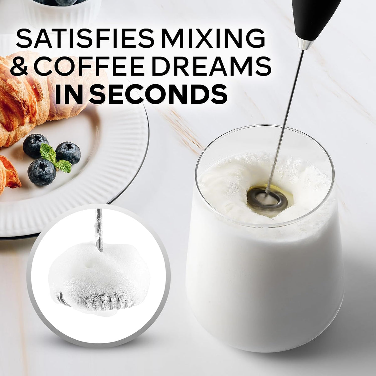 Zulay Kitchen Powerful Milk Frother Wand With Duracell Batteries - Ultra Fast Handheld Drink Mixer - Electric Whisk Foam Maker for Coffee, Lattes, Cappuccino & Matcha - Z1 Motor - Black