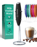Milk Frother Wand & Electric Stirrer with Stand - Turbo Coffee & Milk Frother Handheld - Hand Held Coffee Mixer Wand & Cold Foam Maker for Frothy Cappuccinos, Lattes & Drink Mixes at Home (Black)