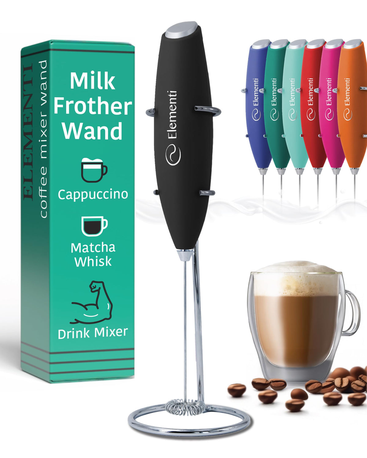 Milk Frother Wand & Electric Stirrer with Stand - Turbo Coffee & Milk Frother Handheld - Hand Held Coffee Mixer Wand & Cold Foam Maker for Frothy Cappuccinos, Lattes & Drink Mixes at Home (Black)