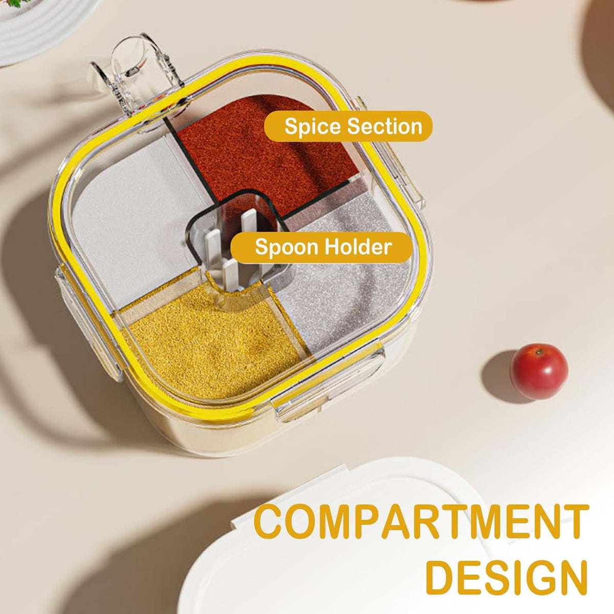 4-Compartment Clear Seasoning Box with Lids and Spoons, Airtight Condiment Organizer, Kitchen Spice Container Set for Salt, Sugar, Pepper (Transparent)