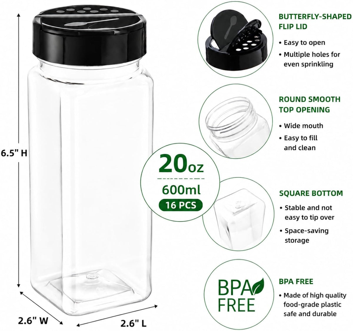 Hacaroa 16 Pack 20 Oz Plastic Spice Jars with Shaker/Pourer Lids, Square Large Empty Seasoning Containers Clear Spice Bottles for Dry Food, Condiments, Herbs, Powders