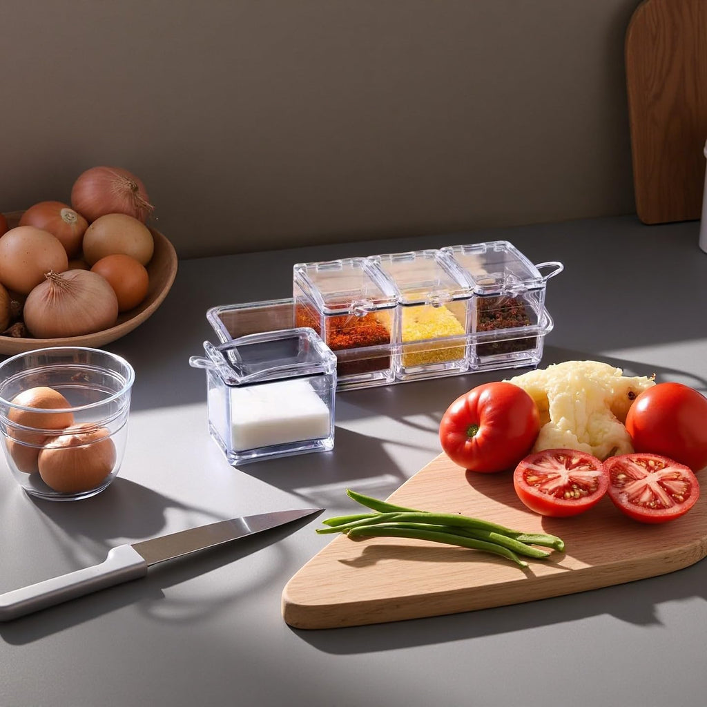 Clear Seasoning Box, 4 Pieces Acrylic Seasoning Rack Spice Jars with Spoons,Storage Container Condiment Jars - Cruet with Cover