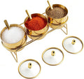 3 Pcs Gold Coffee and Sugar Dispenser with Storage Rack - Stainless Steel Gold Sugar Container Condiment Dispenser with Glass Lid and Spoon for Home Kitchen for Salt, Coffee Bean