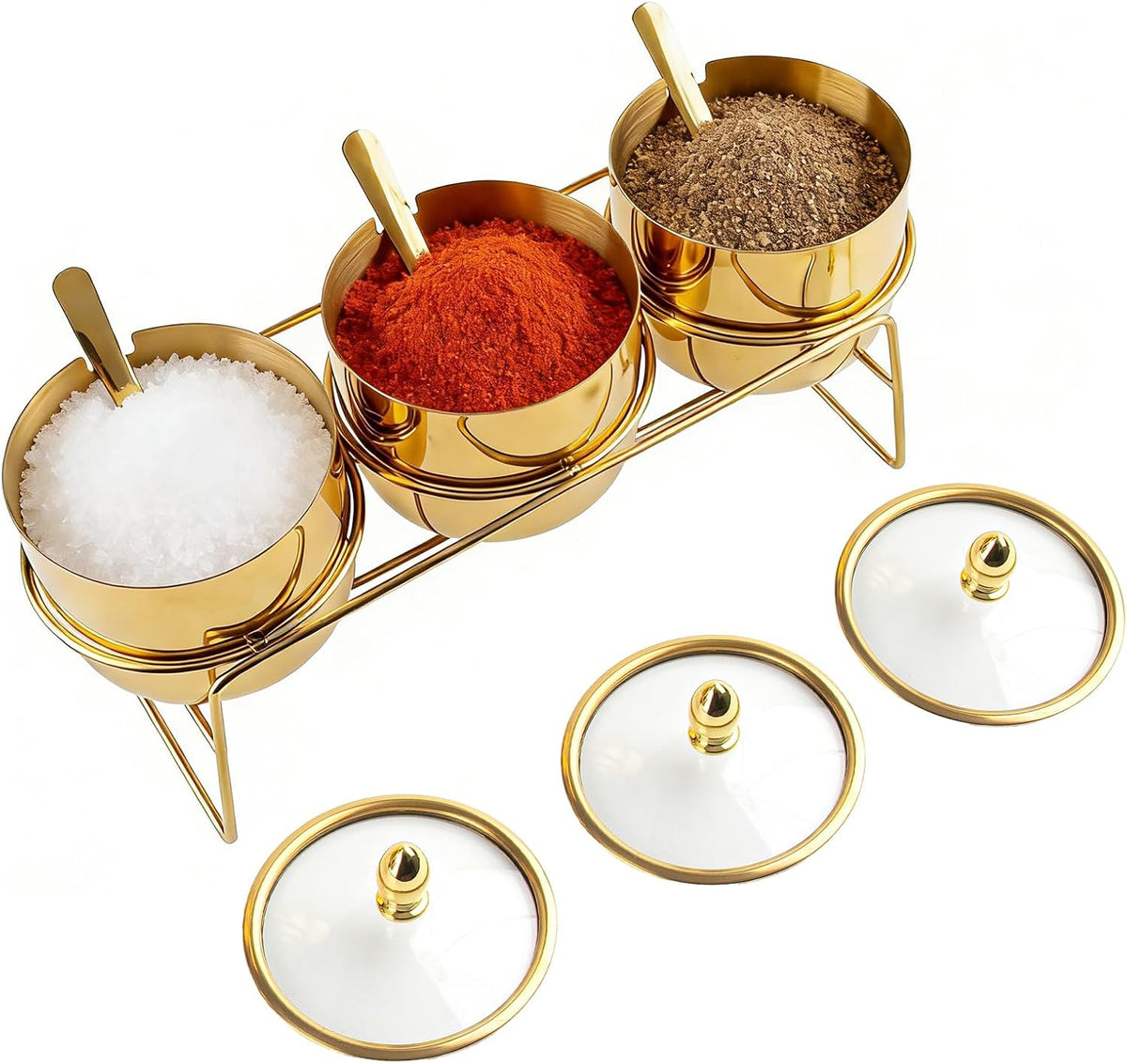 3 Pcs Gold Coffee and Sugar Dispenser with Storage Rack - Stainless Steel Gold Sugar Container Condiment Dispenser with Glass Lid and Spoon for Home Kitchen for Salt, Coffee Bean