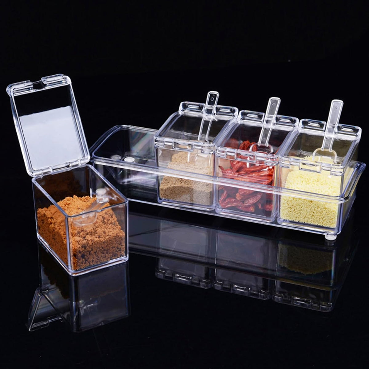 4-Cell Clear Seasoning Rack Spice Box Storage Container Condiment Jars Acrylic Seasoning Box with Cover and Spoon