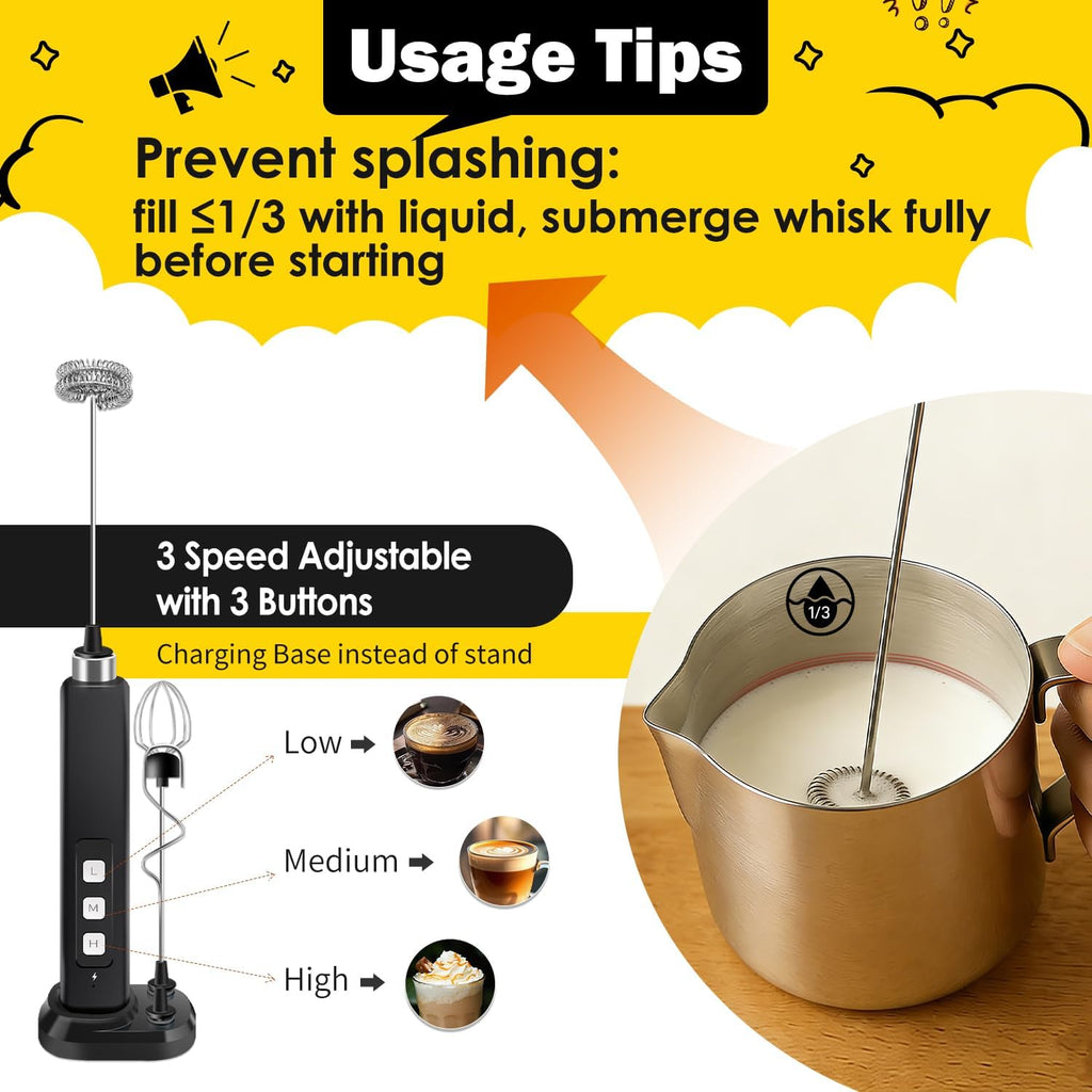 Rechargeable Milk Frother Handheld with 3 Detachable Stainless Whisks, 3 Speed Adjustable Drink Mixer, Mini Frother Wand for Coffee, Matcha, Protein Shakes, with Charging Base and Whisk Storage