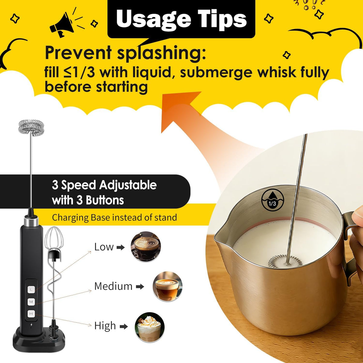 Rechargeable Milk Frother Handheld with 3 Detachable Stainless Whisks, 3 Speed Adjustable Drink Mixer, Mini Frother Wand for Coffee, Matcha, Protein Shakes, with Charging Base and Whisk Storage