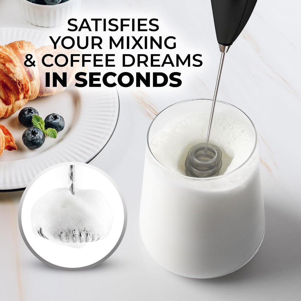 Zulay Kitchen Powerful Milk Frother Wand With Duracell Batteries - Ultra Fast Handheld Drink Mixer - Electric Whisk Foam Maker for Coffee, Lattes, Cappuccino & Matcha - Triple Whisk - Black