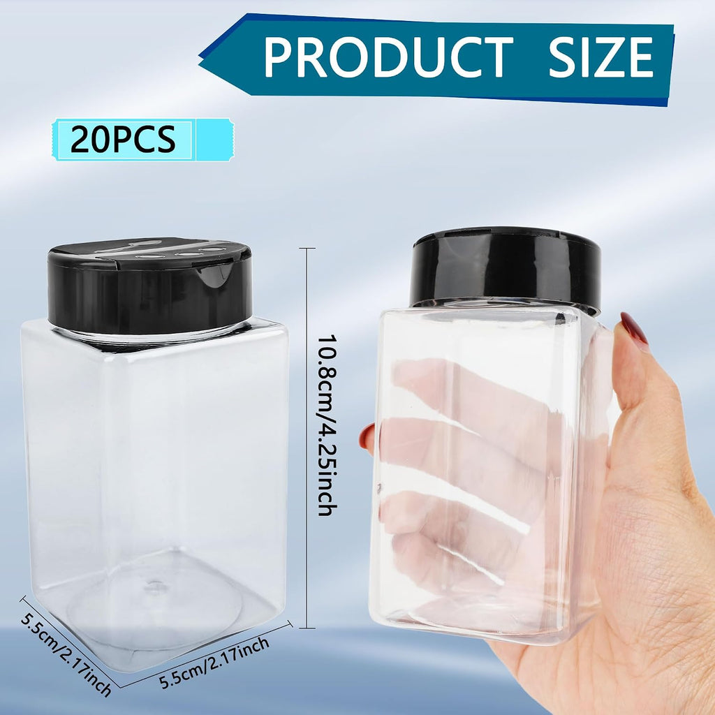 20 Pack 9 oz Plastic Spice Jars with Black Cap Clear Square Spice Jars Containers Plastic Bottle Large Empty Seasoning Containers for Storing Salt Herbs Seasoning Powders