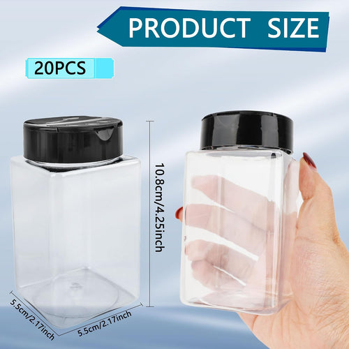 20 Pack 9 oz Plastic Spice Jars with Black Cap Clear Square Spice Jars Containers Plastic Bottle Large Empty Seasoning Containers for Storing Salt Herbs Seasoning Powders
