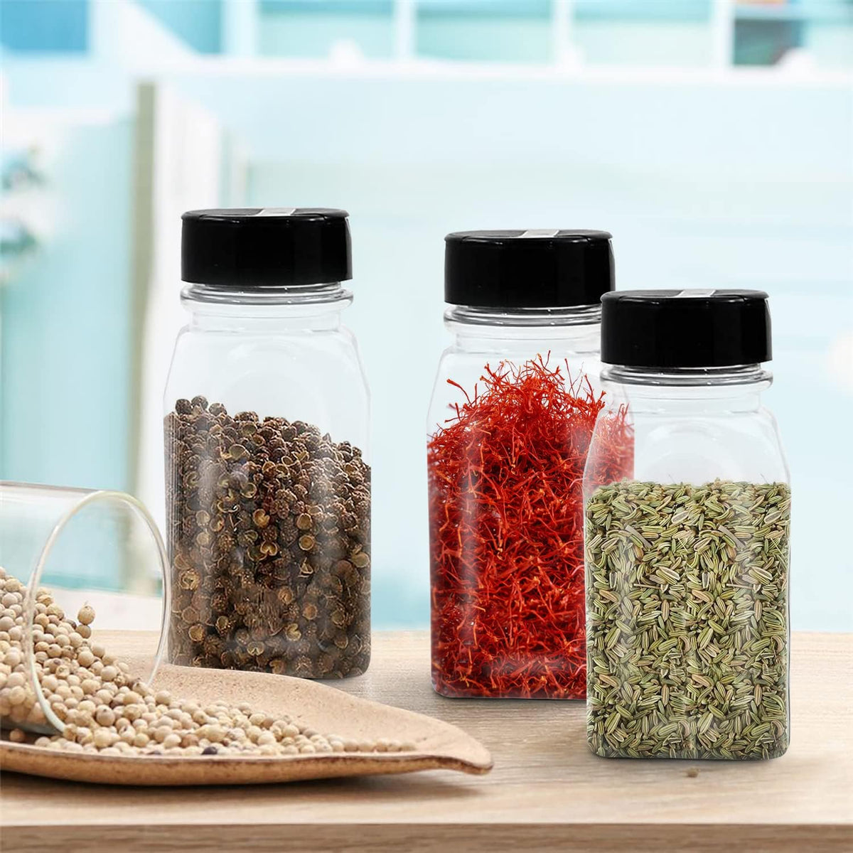 Plastic Spice Jars Bottle Containers with Black Cap, 9.5 Oz, 12 Pack