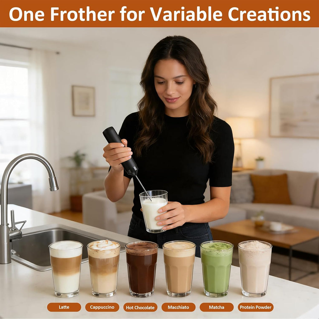 Rechargeable Milk Frother Handheld Electric Coffee Drink Mixer Wand with Stainless Steel Whisk and Portable Case for Cappuccino, Latte, Matcha, Hot Chocolate Black