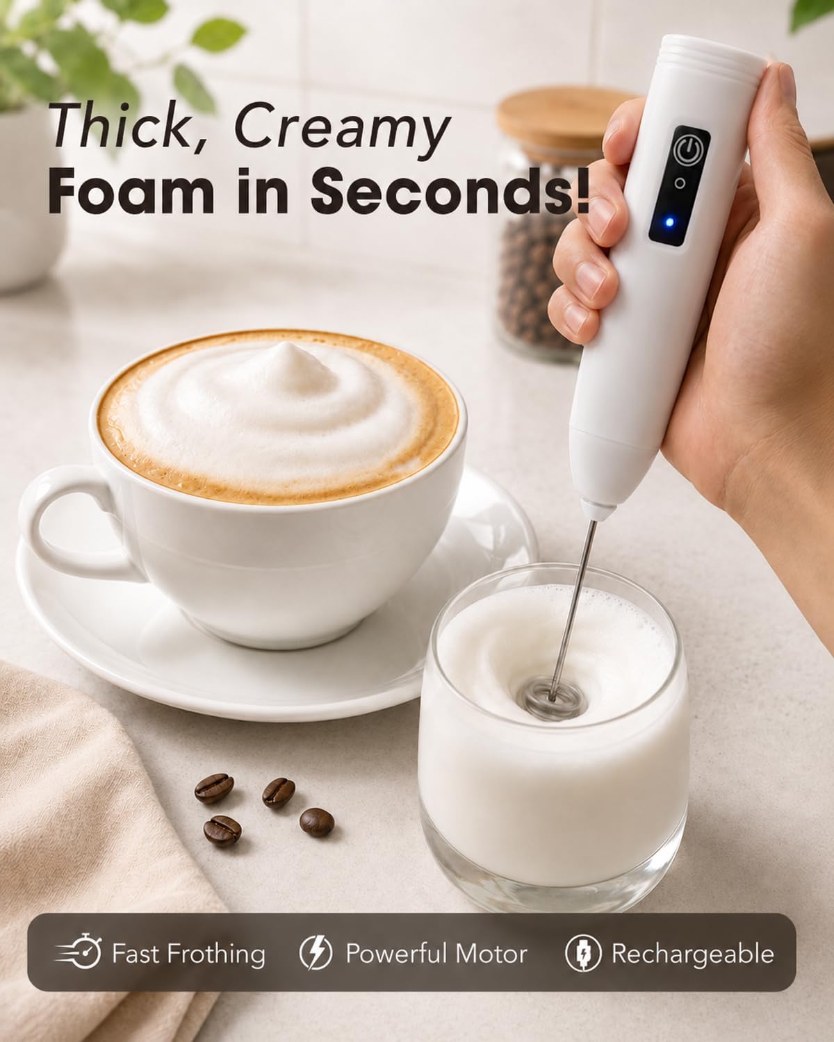 Electric Coffee Frother Handheld, USB Rechargeable Coffee Mixer Wand