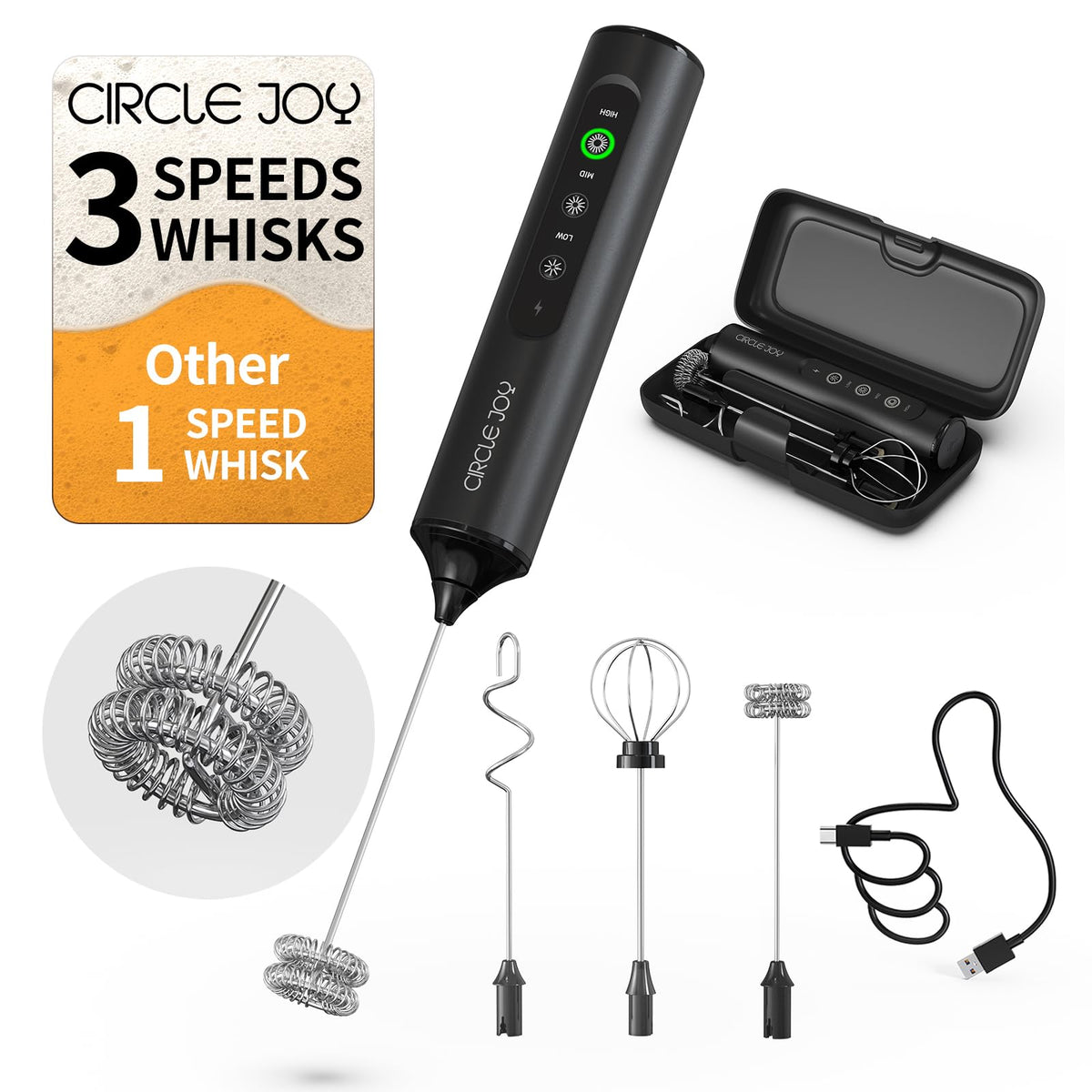 CIRCLE JOY Rechargeable Handheld Milk Frother Wand with Stand, 3 Variable Speeds, 3 Whisks and Storage Box, Electric Drink Mixer for Latte, Cappuccino, Hot Chocolate, Eggs and Protein Powder, Black