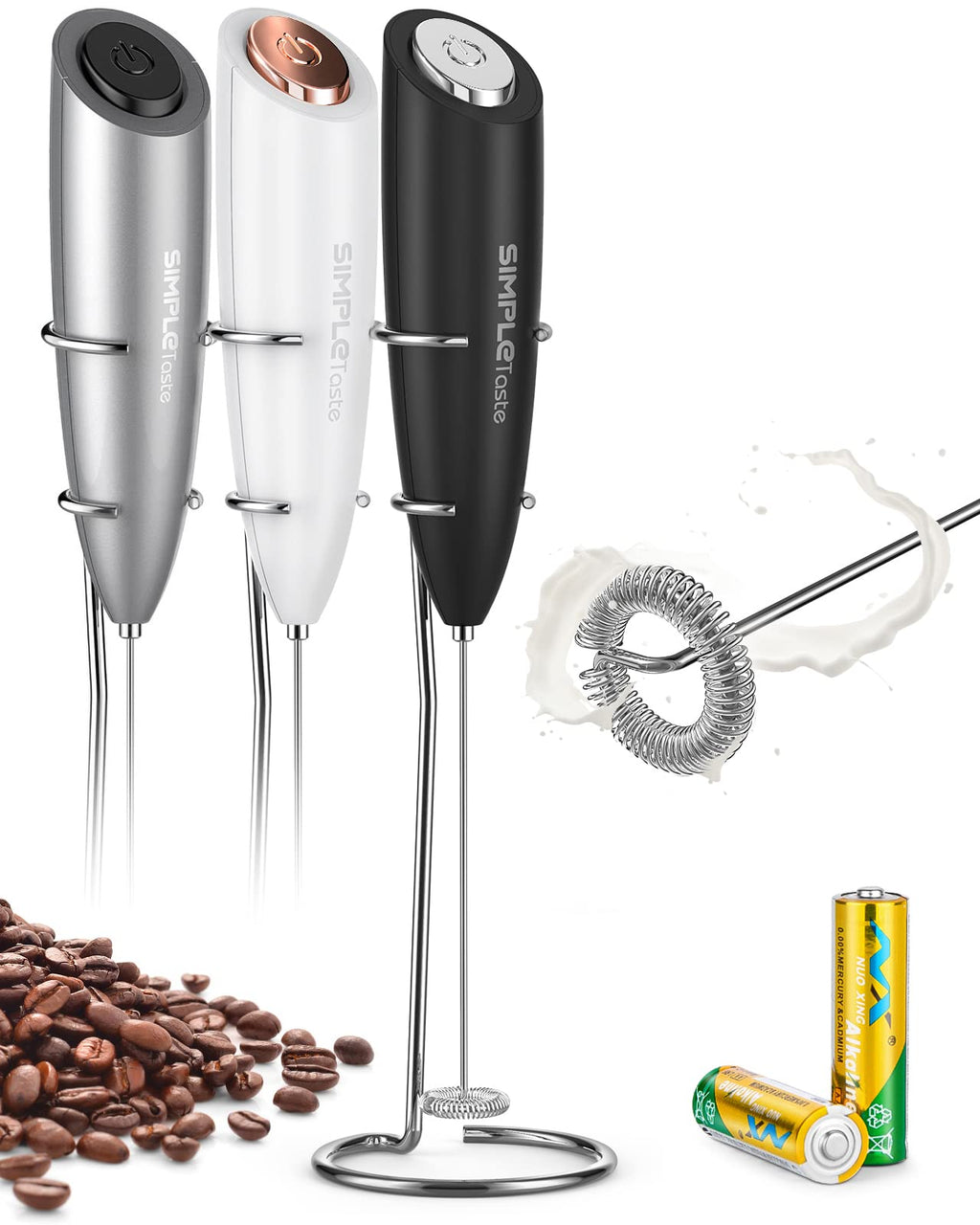 SIMPLETASTE Rechargeable Milk Frother Handheld Dual Coil Whisk Head Mixer