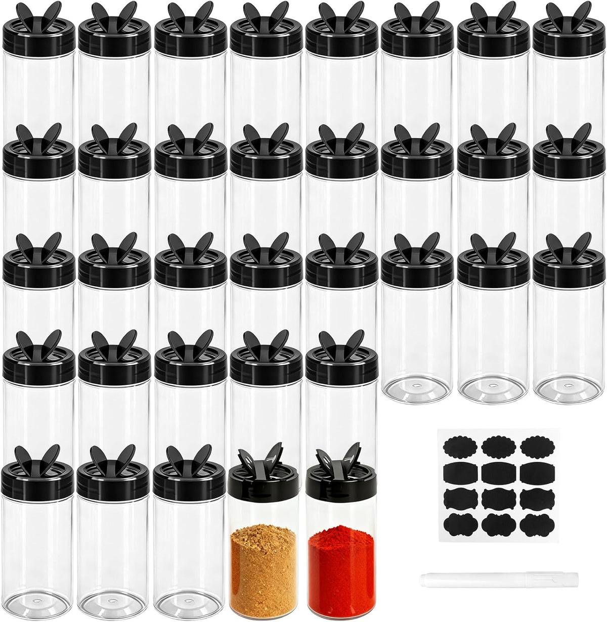 35 Pcs 8.7 oz Plastic Spice Jars with Labels and Pen Clear Kitchen Seasoning Containers with Shaker Lids Spice Powders Bottles Seasoning Store Jars, for Kitchen