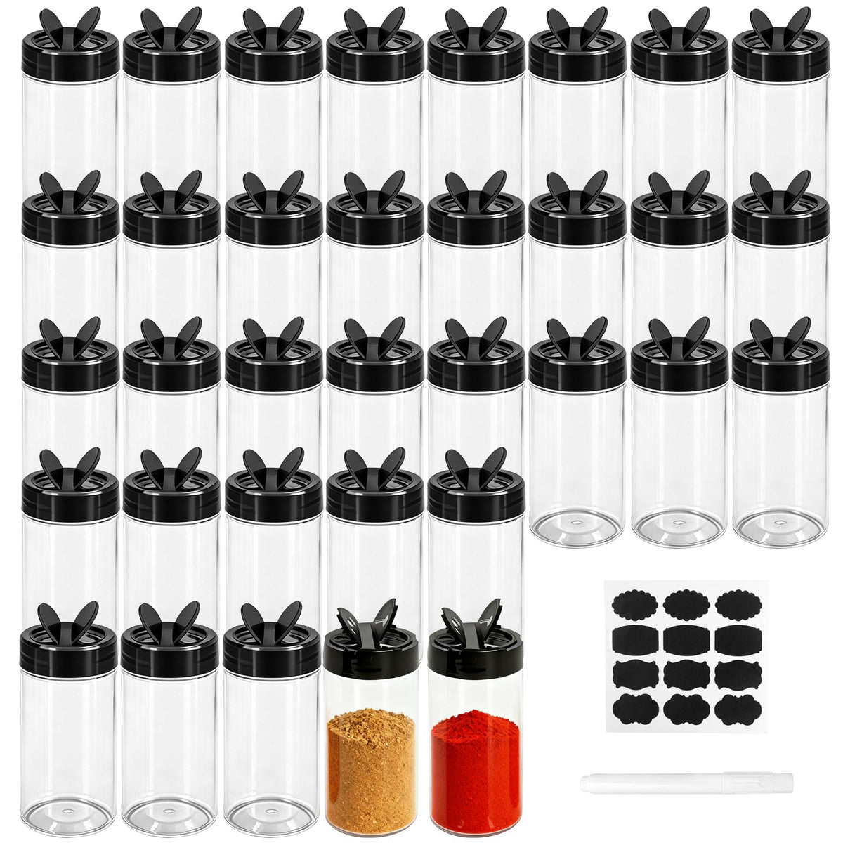 35 Pcs 8.7 oz Plastic Spice Jars with Labels and Pen Clear Kitchen Seasoning Containers with Shaker Lids Spice Powders Bottles Seasoning Store Jars, for Kitchen
