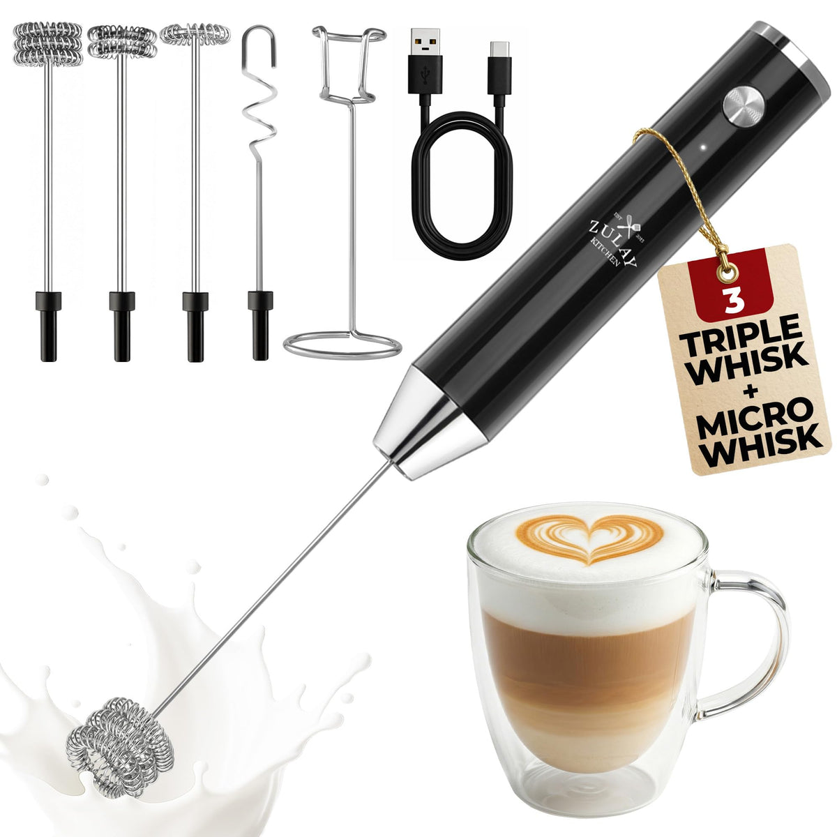 Zulay Kitchen Rechargeable Milk Frother Handheld - Frother Wand, Drink Mixer, Electric Whisk Frother, for Cappuccinos, Matcha & Protein Powder - Dynamic 3 Whisk, 3 Speed 500mAh Black