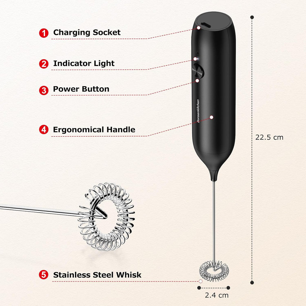 Bonsenkitchen Rechargeable Milk Frother Handheld, Electric Foam Maker with Stainless Steel Whisk,Charging USB-C, Portable Hand Wand Drink Mixer for Coffee Matcha Lattes Cappuccino, Kitchen Gifts