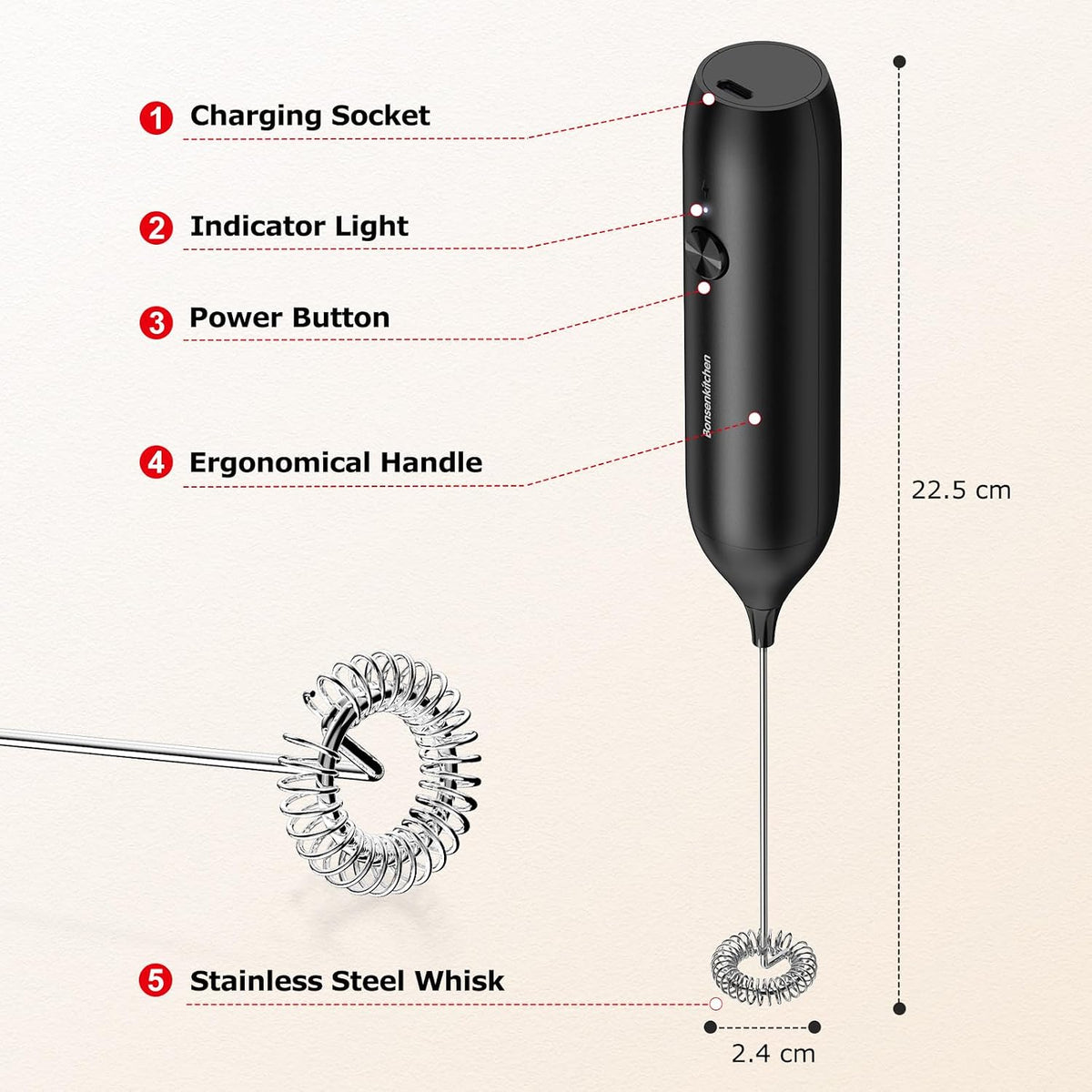 Bonsenkitchen Rechargeable Milk Frother Handheld, Electric Foam Maker with Stainless Steel Whisk,Charging USB-C, Portable Hand Wand Drink Mixer for Coffee Matcha Lattes Cappuccino, Kitchen Gifts