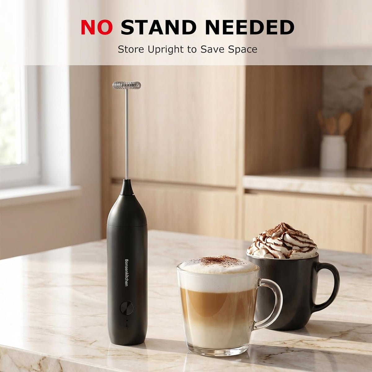 Bonsenkitchen Rechargeable Milk Frother Handheld, Electric Foam Maker with Stainless Steel Whisk,Charging USB-C, Portable Hand Wand Drink Mixer for Coffee Matcha Lattes Cappuccino, Kitchen Gifts