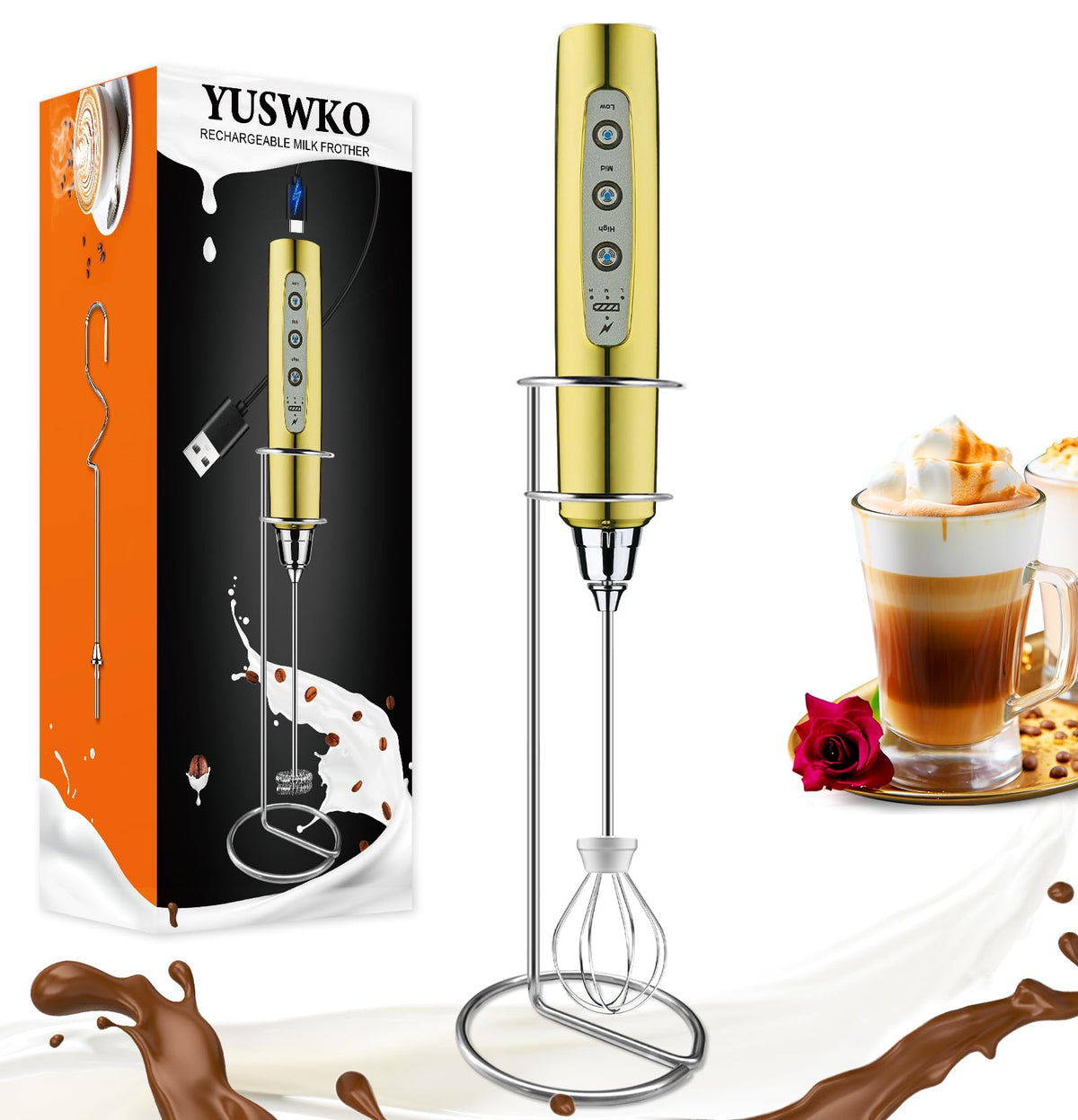 YUSWKO Handheld Milk Frother Wand for Coffee, Rechargeable Electric Whisk