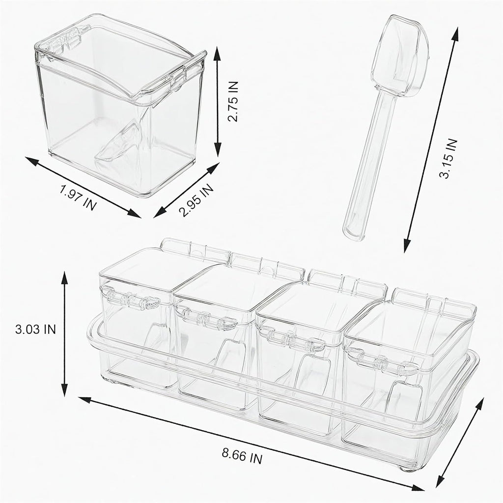 Clear Seasoning Box, 4 Pieces Seasoning Rack Spice Pots with Lids and Spoons, Toppings Containers, Acrylic Seasoning Box for Salt Spice, Pepper, Sugar, Cardamon, Cinnamon