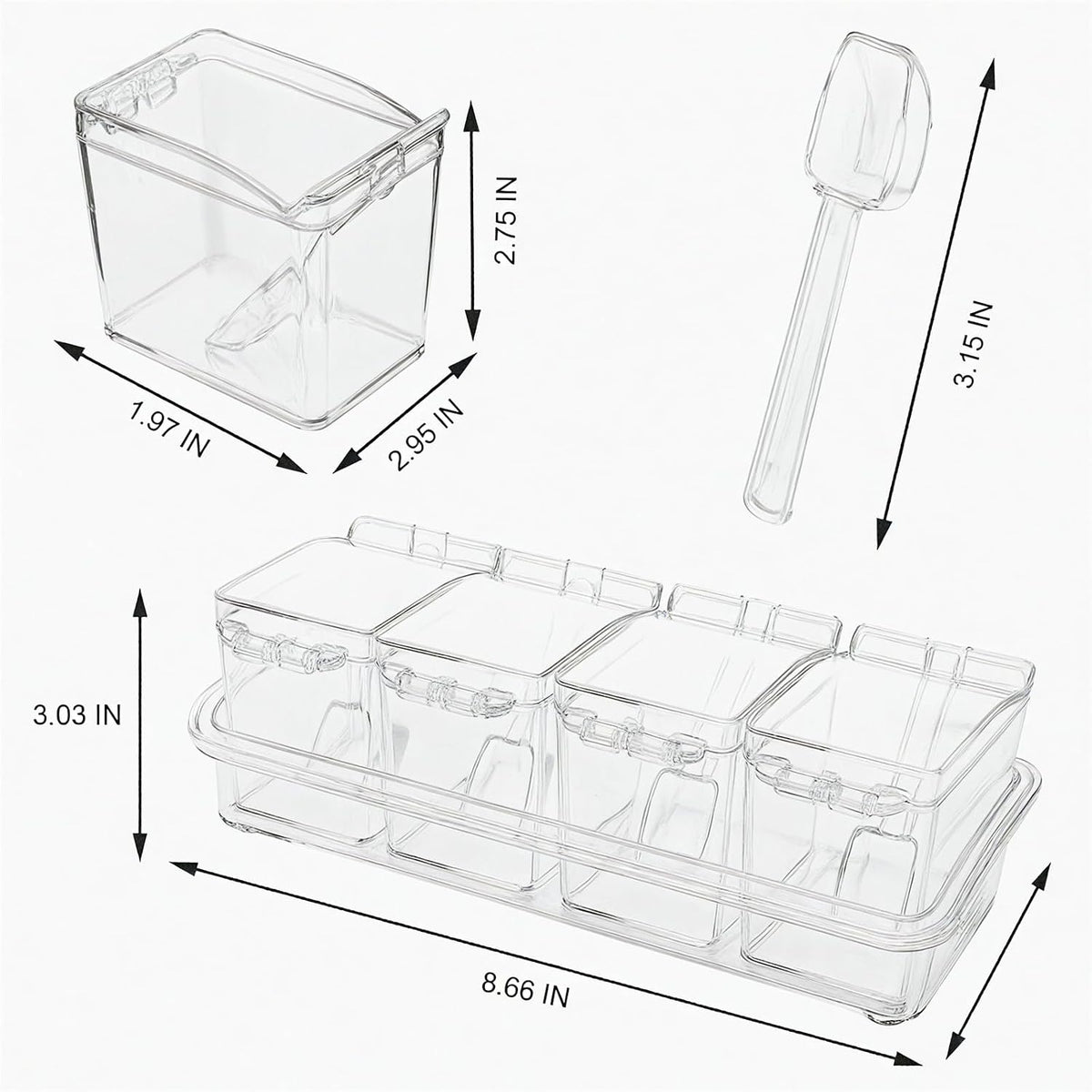 Clear Seasoning Box, 4 Pieces Seasoning Rack Spice Pots with Lids and Spoons, Toppings Containers, Acrylic Seasoning Box for Salt Spice, Pepper, Sugar, Cardamon, Cinnamon