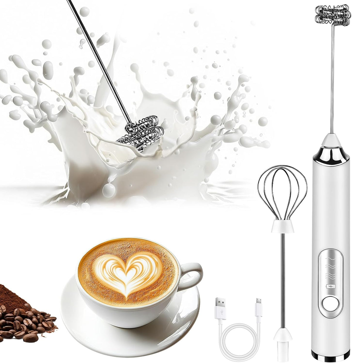 Milk Frother Handheld, Rechargeable Coffee Frother Wand, Drink Mixer, White